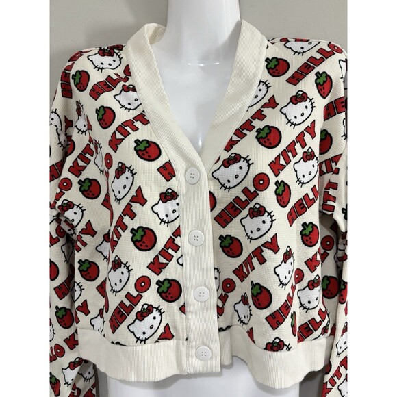 Dumbgood Sanrio Hello Kitty Strawberries Waffle Knit Cropped Cream Cardigan L - Picture 10 of 15